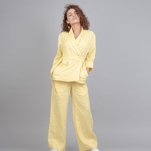 Ensemble châle en lin/Chemise portefeuille ceinturée en lin/Pantalon avec bande élastique en lin/Ensemble lin d&#39;été/Ensemble lin surdimensionné/Ensemble kimono en lin/Ensemble lin décontracté/F2264