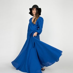 Linen Wrap Dress/Royal Blue Linen Dress/Linen Wedding Dress/Linen Maxi Dress/Flax Elegant Dress/Linen Kaftan/Linen Boho Dress/Eco/F2300