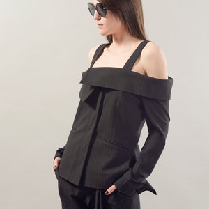 Black Stripe Blazer/Deconstructed Coat/Extravagant Blazer/Jacket with Open Shoulder/Casual Blazer/Stripe Jacket/Off Shoulder Blazer/F1811