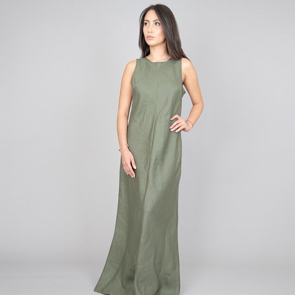 Linen Party Dress/Green Linen Dress/Daily Maxi Dress/Olive Green Casual Dress/Handmade Dress/Floor Length Dress/Sleeveless Open Dress/F1231