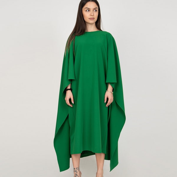 Green Cape Dress/Oversized Dress/Elegant Flowing Dress/Handmade Dress/Asymmetric Long Dress/Midi Green Dress/Green Formal Dress/F2365