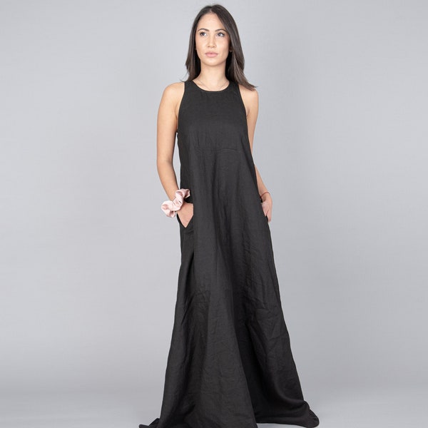 Caftan convertible noir/tunique asymétrique/robe longue/caftan en lin noir/robe à la mode/top décontracté/robe noire sans manches/top maxi/F1401