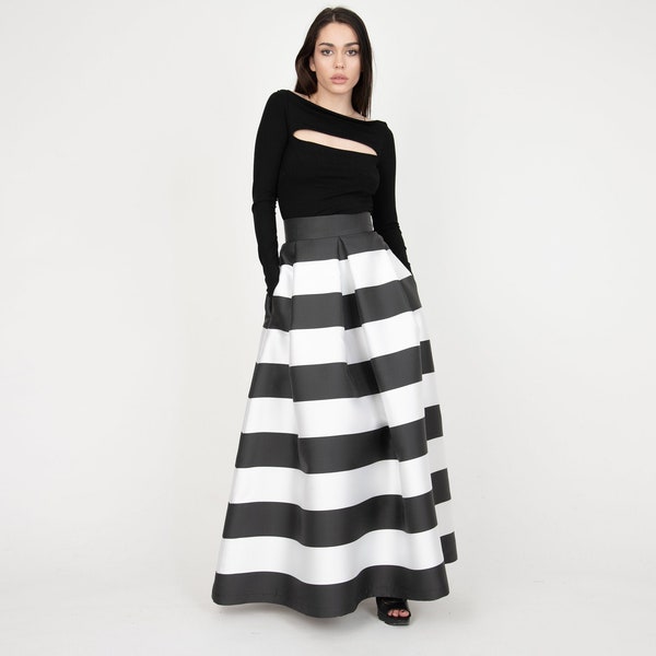 Black/White Long Maxi Skirt/High or Low Waist Skirt/Long Waistband Skirt/Handmade Striped Skirt/Black Stripe Skirt/Formal Skirt/Skirt/F1035