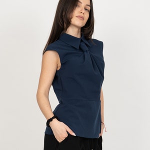 Sleeveless Shirt/Handmade Blue Top/Navy Blue Smart Shirt/Collared Top/Blue Tie Top/Handmade Shirt/Fancy Blue Top/Smart Navy Shirt/F2376