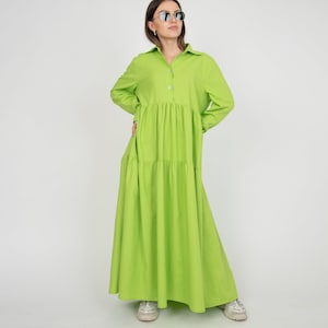 Tiered Dress/Women Maxi Shirtdress/Long Sleeved Tunic Dress/Ruffled Shirt/Linen Shirt/Linen Dress/Long Sleeve Loose Dress/Drape Shirt/F2290