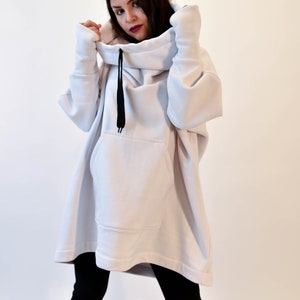 White Maxi Sweater/French Terry Blouse/Loose Sweatshirt/Hooded Sweater/Hoodie/Poncho/Asymmetrical Tunic/Streetwear/Handmade Blouse/F1963