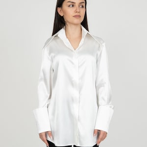 Oversized White Shirt/Handmade Casual White Top/Long Sleeved Satin Shirt/Asymmetrical Long Shirt/Hidden Button Shirt/Made to Measure/F2380