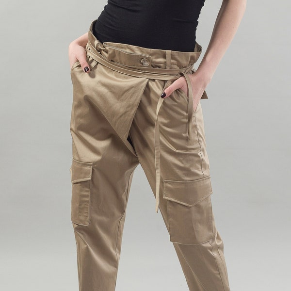 Pantalon effilé / Pantalon ample / Pantalon d’entrejambe décontracté / Pantalon Harem / Pantalon à jambe droite / Pantalon / Pantalon beige / Pantalon en coton / Pantalon ceinture / F1813