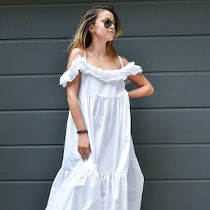 White Romantic Dress/Ruffled Dress/Off Shoulder Dress/Open Back Dress, Beach Dress/Summer Dress/Long Maxi Dress/Loose Dress/ Oversized/F2158 image 2