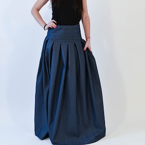 Lovely Blue Denim Maxi Skirt/high Low Waist Skirt/long Waistband Skirt ...