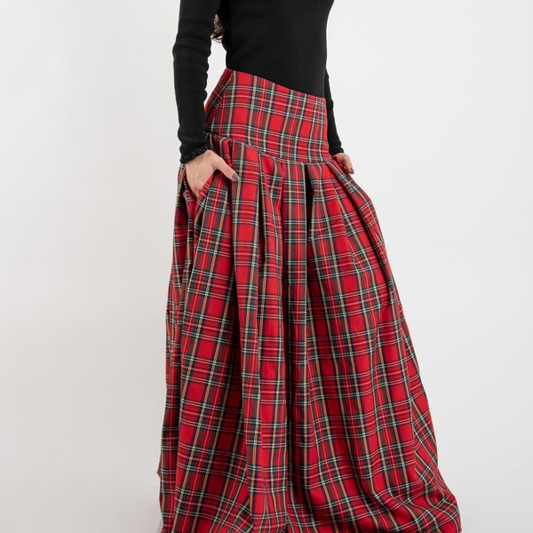 Lovely Checked Long Maxi Skirt/High or Low Waist Skirt/Long Waistband Skirt/Handmade Skirt/Low Waisted Black Skirt/Formal Skirt/Skirt/F2128