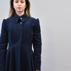 Dark Blue Long Wool Coat/High Closed Neck Coat/Cashmere Wool Coat/Pleated Outspread Coat/ Asymmetrical Coat/Extravagant Coat/Blue Coat/F2179