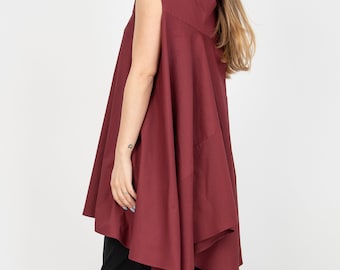 Burgundy Asymmetric Poplin Cotton Tunic Top, Sleeveless/ F5100