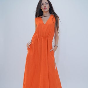 Convertible Orange Kaftan/Asymmetrical Tunic/Maxi Dress/Orange Linen Casual Kaftan/Fashion Dress/Sleeveless Orange Dress/Handmade Top/F1907