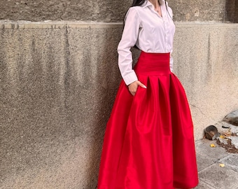 Red Taffeta Maxi Skirt, Handmade Formal Long Skirt/F5086