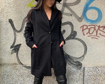 Black Masculine Coat/Long Wool Coat/Winter Collar Coat/Cashmere Wool Coat/Trench Coat/Symmetrical Coat/Buttoned Coat/Oversized Coat/F1933