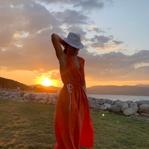 Orange Linen Dress/Sustainable Linen Kaftan Dress/Linen Maxi Dress/Boho Oversized Dress/Handmade Custom Kaftan/Flowy Resort Wear/F1929
