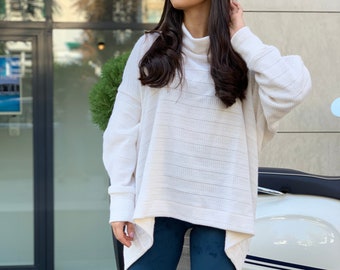 White Asymmetrical Sweater/Cozy Sweater/Knitwear Top/Long Women Knitted Sweater/Loose Plus Size Sweater/Maxi Blouse by FloAtelier/F1928