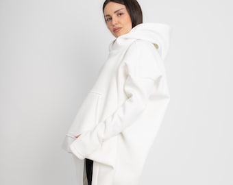Oversized White Cotton Hoodie: High Neck, Loose Loungewear/F5011