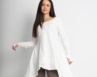Asymmetrical Knit Tunic/Long Sleeve Boho Top/White Cotton Tunic/Handmade Minimalist Dress/Flowy Layering Shirt/Fairycore Aesthetic/F5042