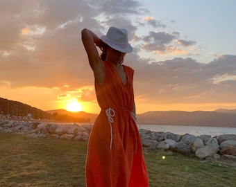 Orange Linen Dress/Sustainable Linen Kaftan Dress/Linen Maxi Dress/Boho Oversized Dress/Handmade Custom Kaftan/Flowy Resort Wear/F1929