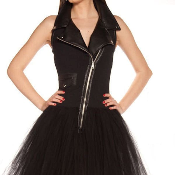 Black Dress/Black Tulle Skirt/Tutu Skirt/Vegan Leather Top/Tulle Dress/Party Dress/Cocktail Dress/Zipper Dress/Mini Dress/Casual Vest/F1065