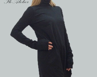 Black Asymmetrical Tunic Dress/Loose Long Sleeve Kaftan/Women Turtleneck Dress/Handmade Black Dress/Women Black Tunic/Asymmetrical Top/F1103