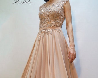 Handmade Peach Chiffon Prom Dress, Beaded Evening Gown