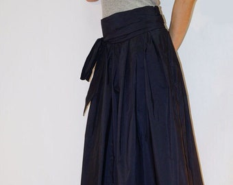 Black Skirt/Long Skirt/Maxi Skirt/High Waist Skirt/Low Waist Skirt/Wide Waistband/Taffeta Skirt/Pleated Skirt/Extravagant Skirt/F1269