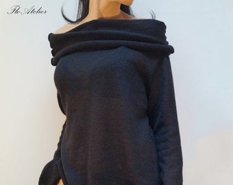 Black Asymmetrical Sweater/Sweater Dress/Knitwear Dress/Long Pullover/Loose Plus Size Sweater/Off Shoulder Sweater/Knit Blouse/F1257