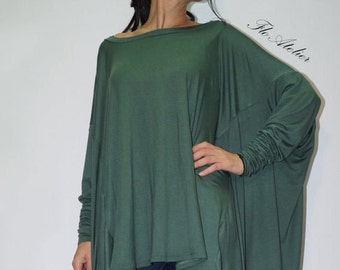 Loose Long  Blouse/Knit Oversized Top/Extravagant Casual Tunic/Extra Long Sleeves/Handmade Green Top/Green Casual Tunic/Handmade Tunic/F1338