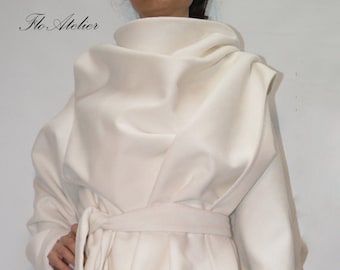 White Wool Cashmere Coat: High Collar, Asymmetrical, Winter Coat