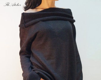 Black Asymmetrical Sweater/Sweater Dress/Knitwear Dress/Long Pullover/Loose Plus Size Sweater/Off Shoulder Sweater/Knit Blouse/F1306