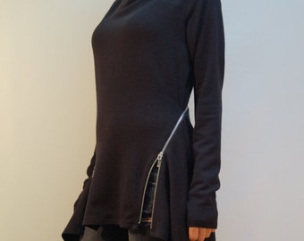 Black Asymmetrical Sweater With Zipper/Sweater Dress/Knitwear Dress/Long Women Knitted Sweater Coat/Loose Plus Size Sweater Blouse/F1258