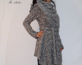 Gray Asymmetrical Cardigan/Oversized Sweater/All Season Coat/Extravagant Top With Belt/Loose Knitt Coat/High Quallity Vest/F1281