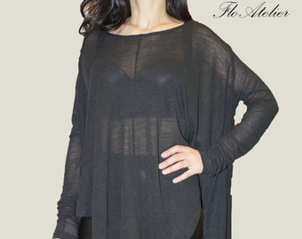 Loose Long Black Blouse/Handmade Knit Oversized Top/Extravagant Tunic/Extra Long Sleeves/Black Casual Blouse/Black Casual Tunic/F1014