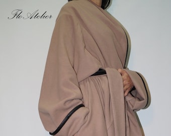 High Collar Coat/Asymmetrical Coat with Pockets/ Wool Cashmere Blend Coat/Eco Leather Edging Coat/Extravagant Coat/Winter Coat/F1390