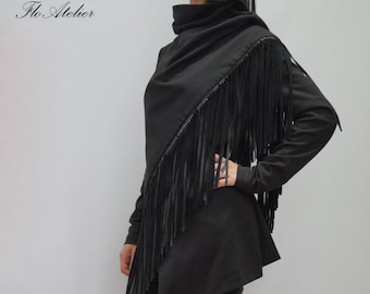 Black Jacket/Cloak/All Season Coat/Asymmetrical Extravagant Coat/Jacket with Faux Leather Fringe/Casual Blazer/Street Fashion Jacket/F1251