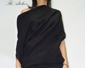 Asymmetrical Maxi Tunic Dress/Extravagant Black Kaftan/Loose Dolman Sleeve Dress/Black Dress/Casual Dress with Zipper/F1383