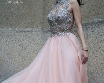 Evening Lace Dress/Chiffon Dress/Prom Long Dress/Handcrafted with Beads and Pearls/Romantic Dress/Long Formal Dress/Pink Dress/F1465