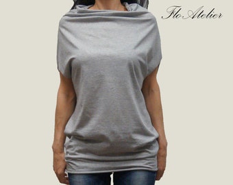 Handmade Loose Cotton Blouse - Grey Oversized Short Sleeve Top