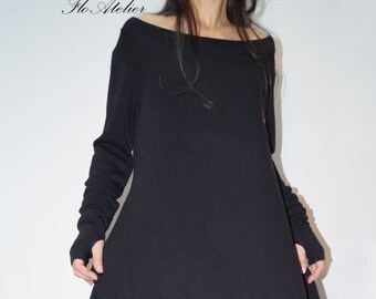 Vestido de suéter asimétrico negro, mezcla de lana y acrílico, corte holgado