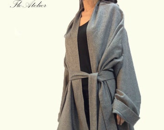 Grey Long Wool Coat/Winter Cape Coat/Cashmere Wool Coat/Long Sleeve Trench Coat/Asymmetrical Coat/Baby Wearing Wool Coat/Handmade Coat/F1177