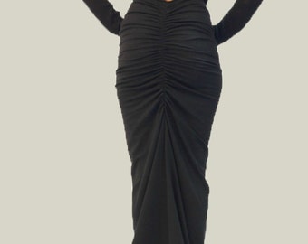 Black Maxi Skirt, Ruched Cotton Knit, High Waist