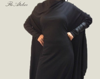 Tunique asymétrique noire / Kaftan à manches longues fait à la main / Robe surdimensionnée noire / Robe de maternité faite à la main / Robe de mode noire / Kaftan noir / F1030