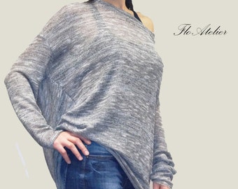 Loose Long Grey Blouse/Knit Oversized Top/Summer Sweater/Extra Long Sleeves/Extravagant Tunic/Casual Top/Handmade Tunic/Grey Knit Top/F1069
