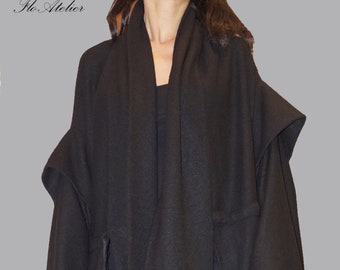 Black Wool Coat/Long Loose Coat/Oversized Coat/Convertible Coat/Extravagant Asymmetrical Coat/Black Outerwear/Oversized Handmade Coat/F1186