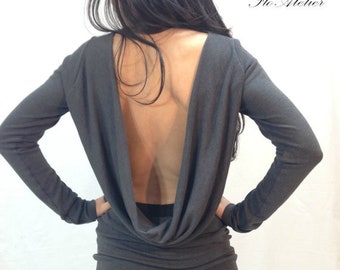 Grey Open Back Top/Grey Tunic/Long Sleeve Open Back Slim Top/Asymmetric Long Sleeve Blouse/Grey Blouse/Extravagant Blouse/Long Blouse/F1010