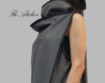 High Collar Waistcoat/Sleeveless Coat/Asymmetrical Vest/Pockets Vest/Wool Cashmere Vest/Maxi Vest/Eco Leather Edging Vest/Winter Vest/F1090