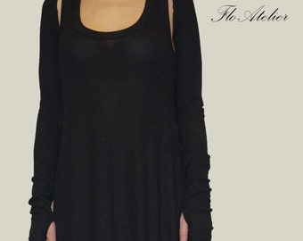 Black Long Dress/Loose Blouse/Soft Cotton Jersey/Sleeveless Black Tunic/Casual Handmade Dress/Long Sleeves Dress/Evening Black Dress/F1039